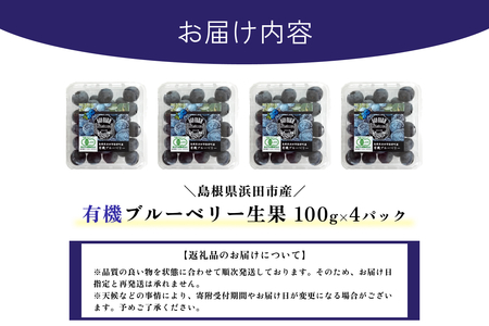 【先行予約】有機ブルーベリー 100g×4パック（島根県浜田市産）＜2027年7月下旬より順次発送＞ 【208_0003】