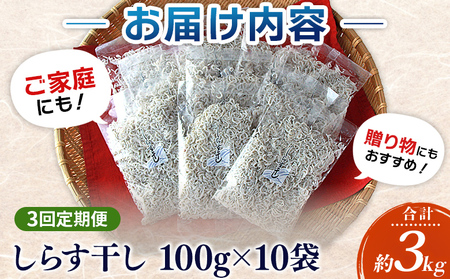 ＜漁師さん自慢のしらす干し 合計1kg 3回定期便＞ 定期便 シラス 魚介類 さかな 海産物 海鮮 海の幸 小分け 国産 ご飯のお供 丼 晩酌 おかず 特産品 濱田水産 愛媛県 西予市 【冷凍】『お申込み月の翌月より配送を開始します』AHS0017