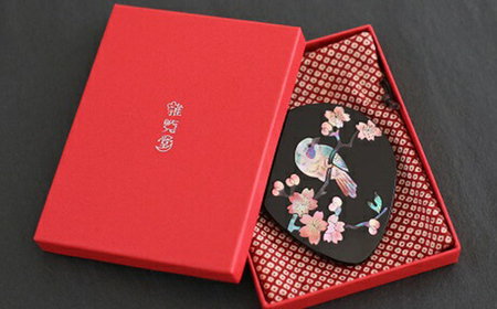 螺鈿細工 手鏡 桜に樫鳥(朱) 工芸品 民芸品 伝統技術  FAD-0202