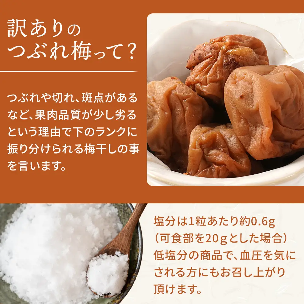 訳あり 無添加 梅干し 紀州梅香の減塩3%つぶれ梅 約1kg(500g× 2) 中~大粒 はねだし梅 紀州南高梅 産直) 3-G［KU3］