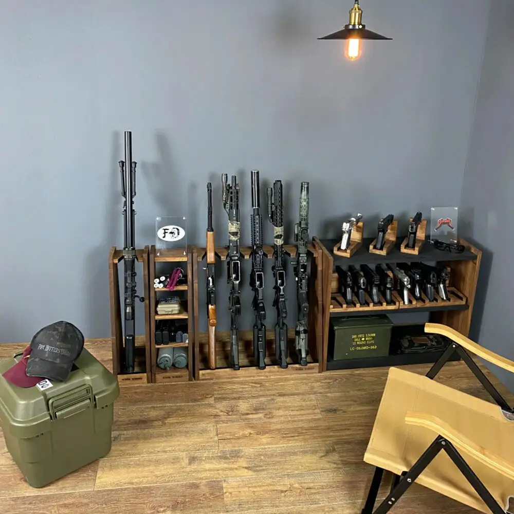 WOOD WORKS ライフルスタンド 1丁掛+マガジンラックセット【本体:ライトブラウン×ブラックウッド】完成品