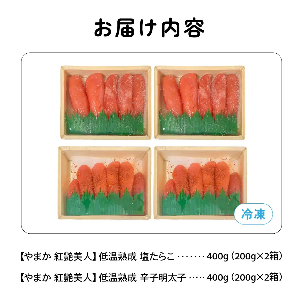 低温熟成塩たらこ 辛子明太子 各200g×2 セット やまか 紅艶美人 タラコ めんたいこ 小分け 海鮮 魚介 魚卵 ごはんのお供 