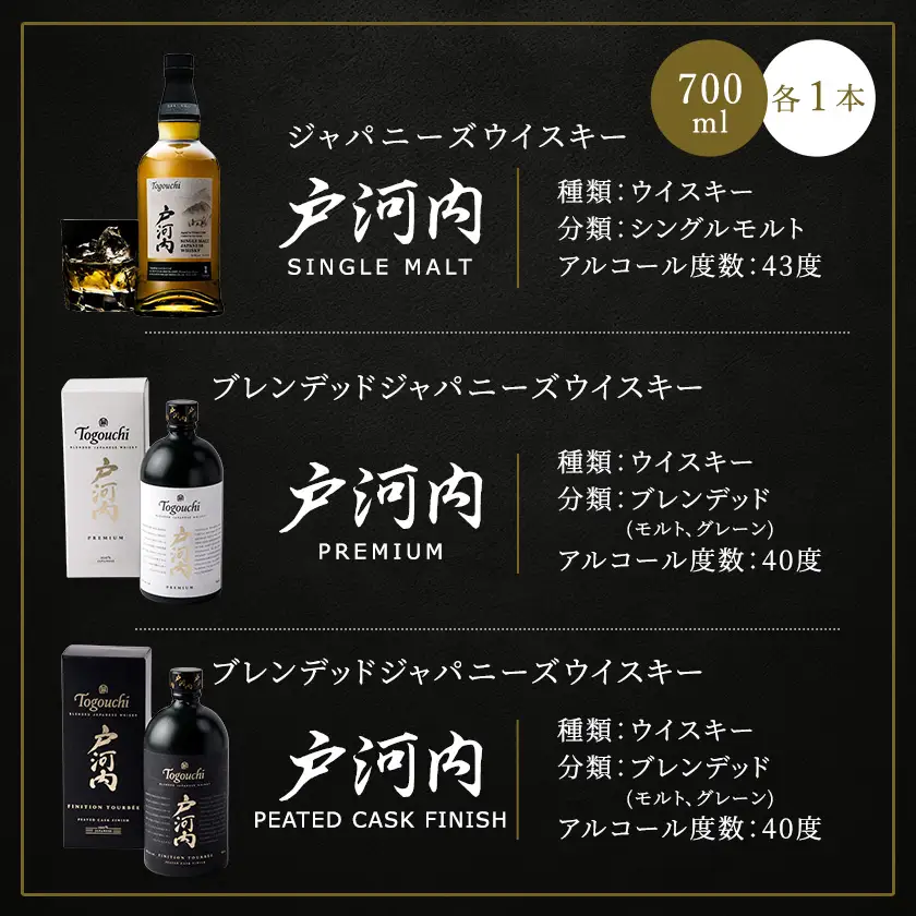 ジャパニーズウイスキー戸河内3本セット(シングルモルト、PREMIUM、PEATEDCASK)【1722942】