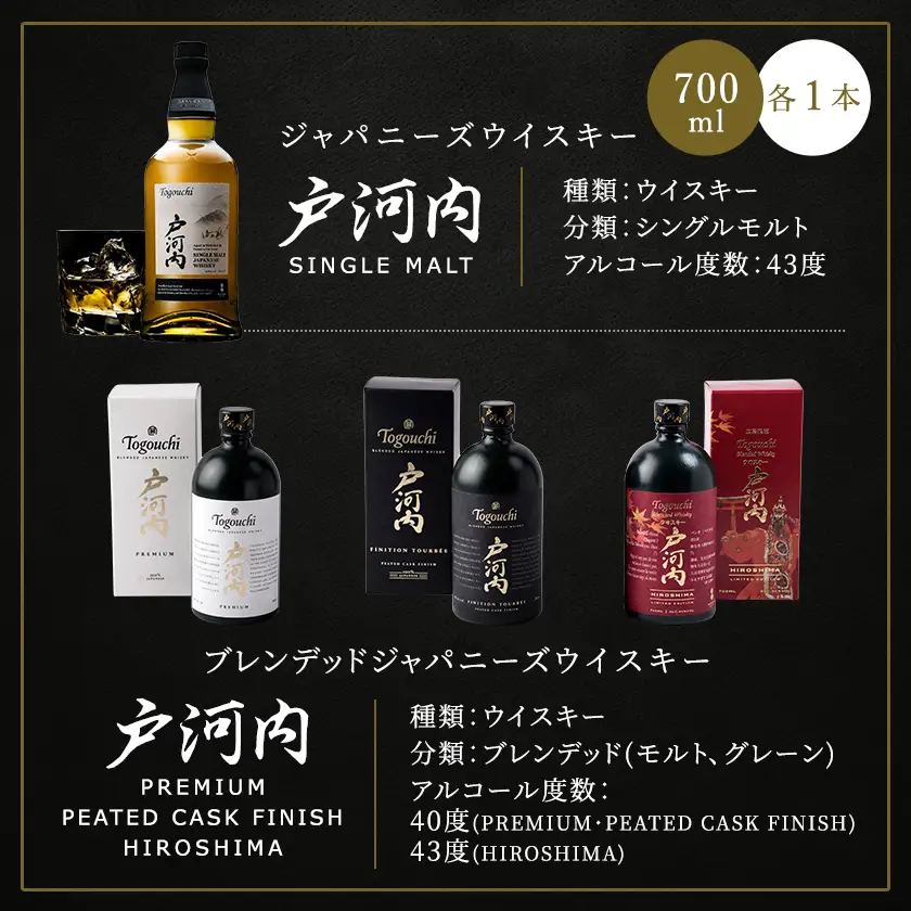 ジャパニーズウイスキー戸河内4本(シングルモルト、PREMIUM、PEATED、HIROSHIMA)【1722943】