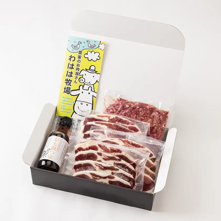 わはは牧場のカモ鍋セット(カモ肉スライス200g×3パックとアイガモ肉のミンチとオリジナル鍋つゆ)【配送不可地域：離島】【1722895】