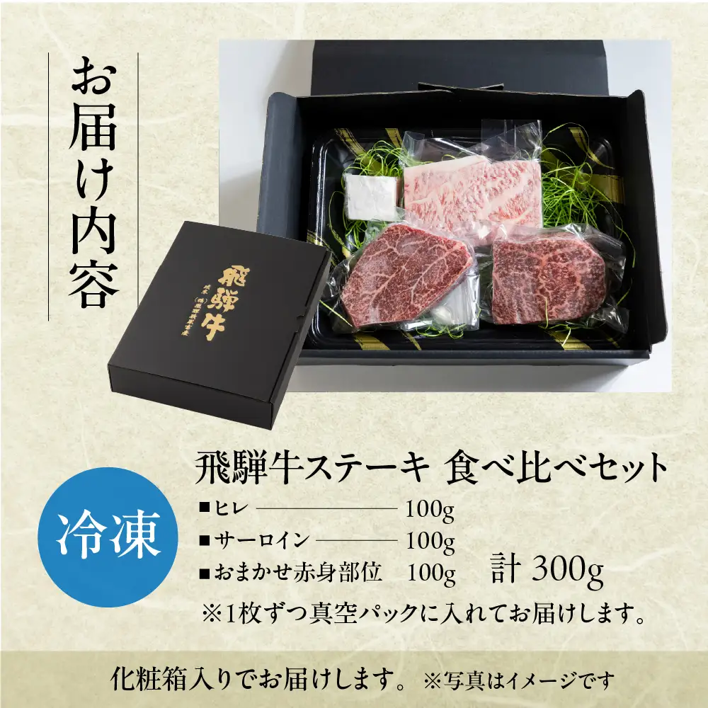飛騨牛ステーキ 3種 食べ比べセット（各100g）計300g （サーロイン・ヒレ・赤身）【22-50】