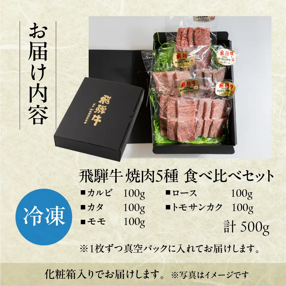 飛騨牛 焼肉 5種 食べ比べセット（各100g）計500g （カルビ・肩・モモ・ロース・トモサンカク）【22-53】