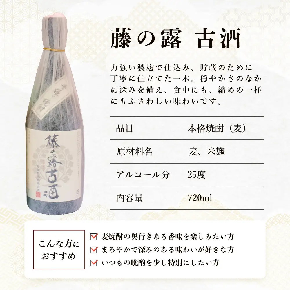 諸塚村産 地焼酎（上）セット 園の露・藤の露古酒 720ml×2本｜酒 お酒 古酒 焼酎 米焼酎 麦焼酎 麹 老舗酒屋 少量生産 木だる蒸留 アルコール 長期間熟成 もろっこはうす 宮崎県 諸塚村 MO-60