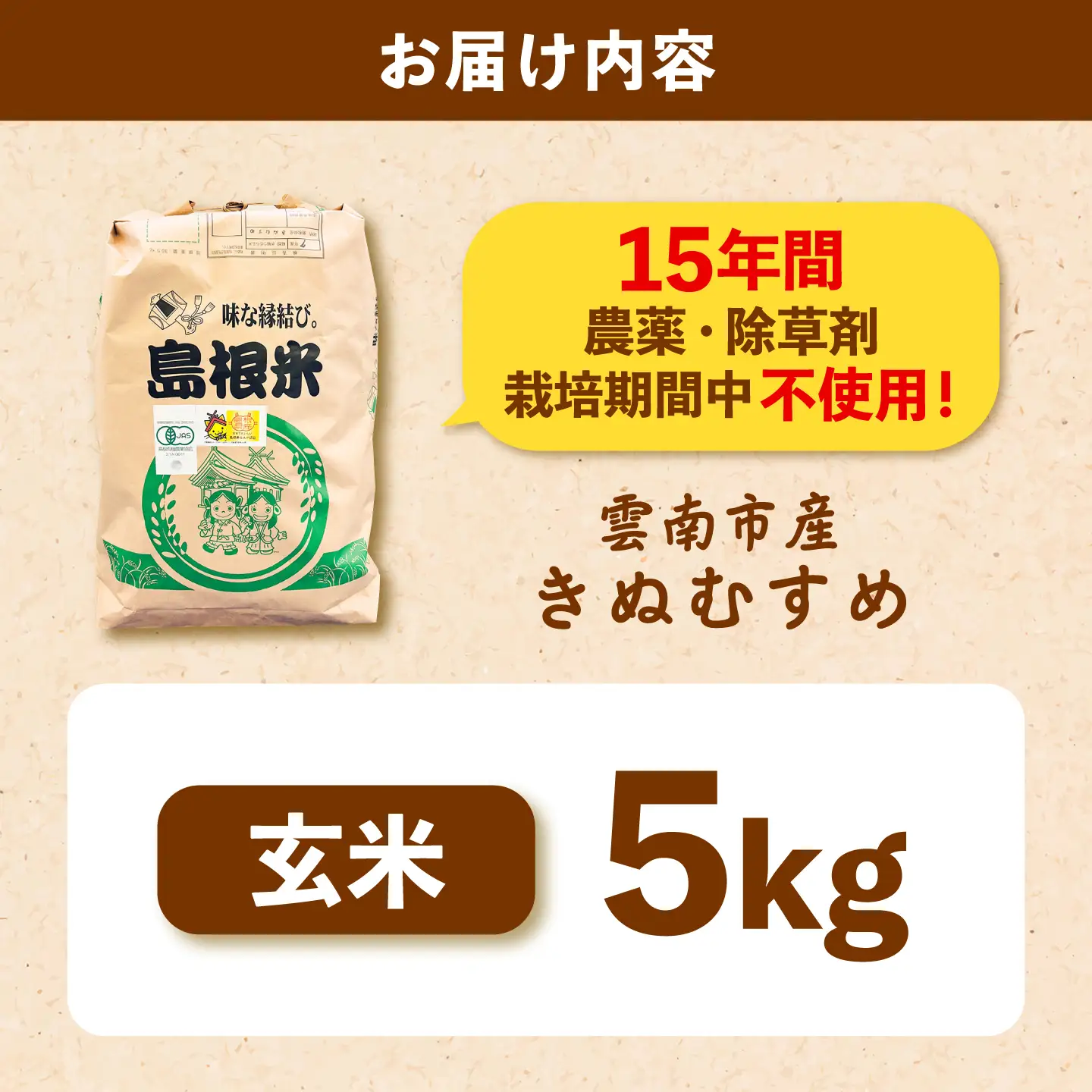 【有機JAS認証】有機栽培米きぬむすめ 5kg 令和7年産 玄米 島根県雲南市/佐藤ファーム[AIEO006]