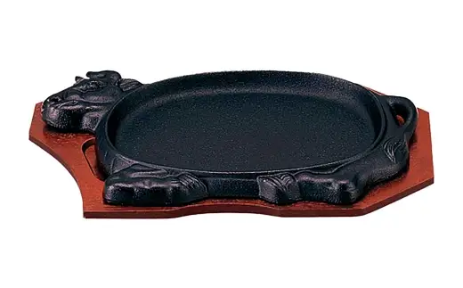 トキワ鉄器 ステーキ皿 ＆ ハンドル付き （木台タイプ） アニマル 30cm 312 くわな鋳物 ／ 食器 皿 お皿 鋳物 伝統 匠 食卓 プレート 蓄熱性 器 鉄板皿 重厚感 黒鉄 保温性