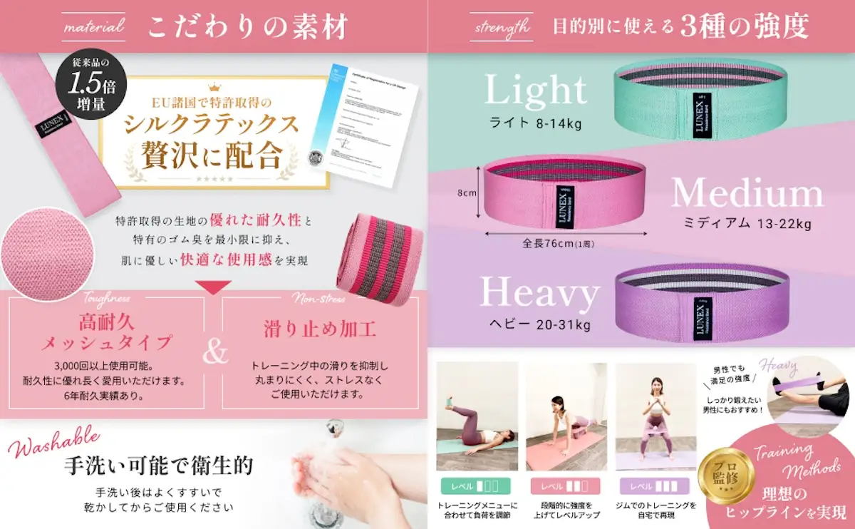 [ESSE掲載×全米ヨガ資格講師監修] LUNEXトレーニングバンド トレーニング説明書＆動画付き ヒップバンド(BK／GL／LG) 高耐久メッシュ採用モデル [1342]