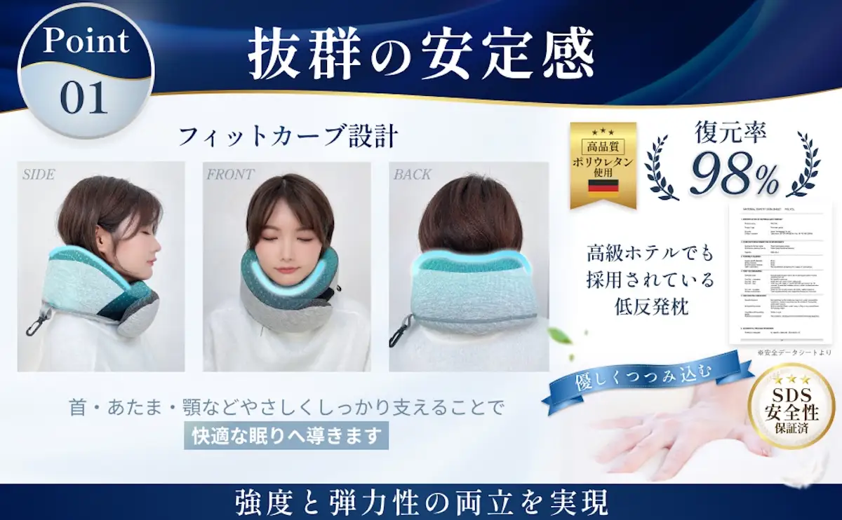 旅行用 LUNEXネックピロー (グレー) サイズ調整可能 持ち運びフック付き [子供から大人まで家族みんなで使える] [1345]