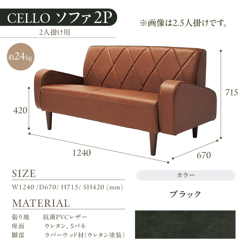 ソファ　2P　CELLO（チェロ）　ブラック_56-231-1-5