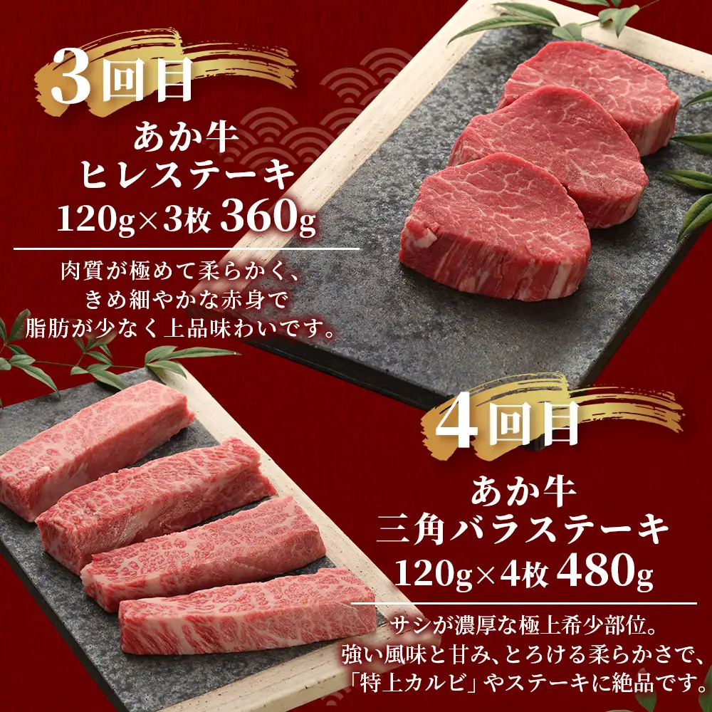 【定期便6回】あか牛希少6種のステーキ 定期便 サーロイン600g・ランプ450g・ヒレ360g・三角バラ480g・トモサンカク480g・ミスジ480g 牛肉 お肉 ステーキ あか牛 定期便 贅沢 熊本県 046-0805
