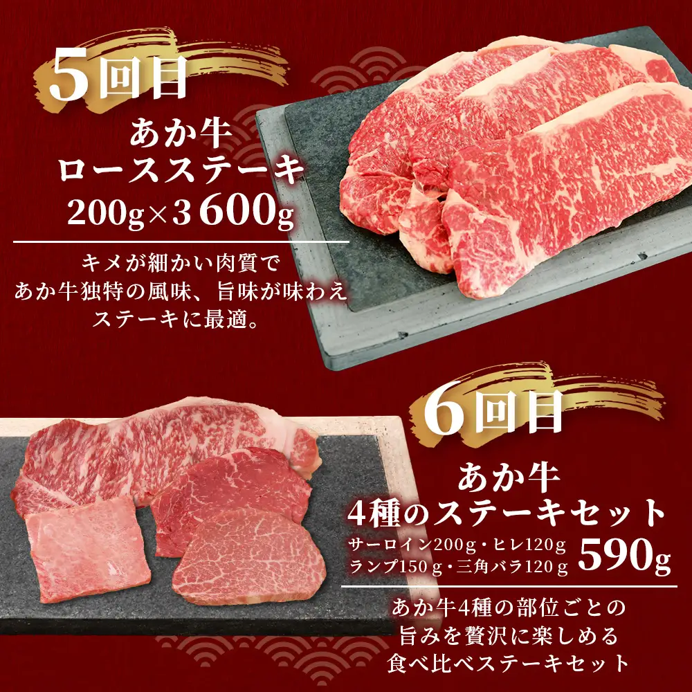 【定期便6回】あか牛 贅沢 定期便 肩ロースすき焼き500g・焼肉食べ比べ500g・赤身すき焼き肉800g・サイコロステーキ800g・ロースステーキ600g・4種のステーキセット 牛肉 肉 ロース カルビ すき焼き 焼肉 ステーキ サーロイン ランプ ヒレ 三角バラ定期便 熊本県 046-0803