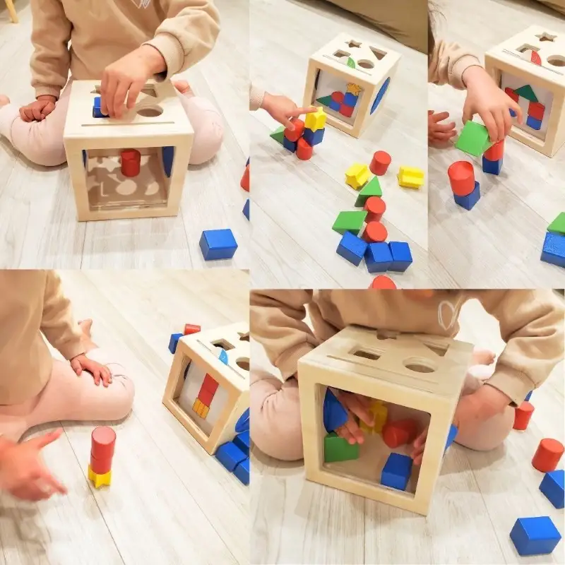 知育玩具 みててBOX 積み木 円柱 四角 三角 星 シート お手本シート 背景シート ボックス 木 ブラインドボックス 触覚 形当てる チャレンジカード 積み上げ 創造力 学び わくわく 愛知県 小牧市 送料無料 [150A07]