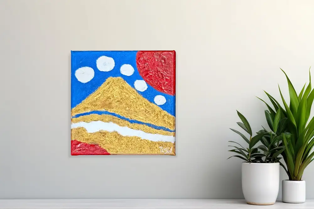 絵画 富士山溶岩パワーアート「白雲に黄金富士と太陽D」 絵画
