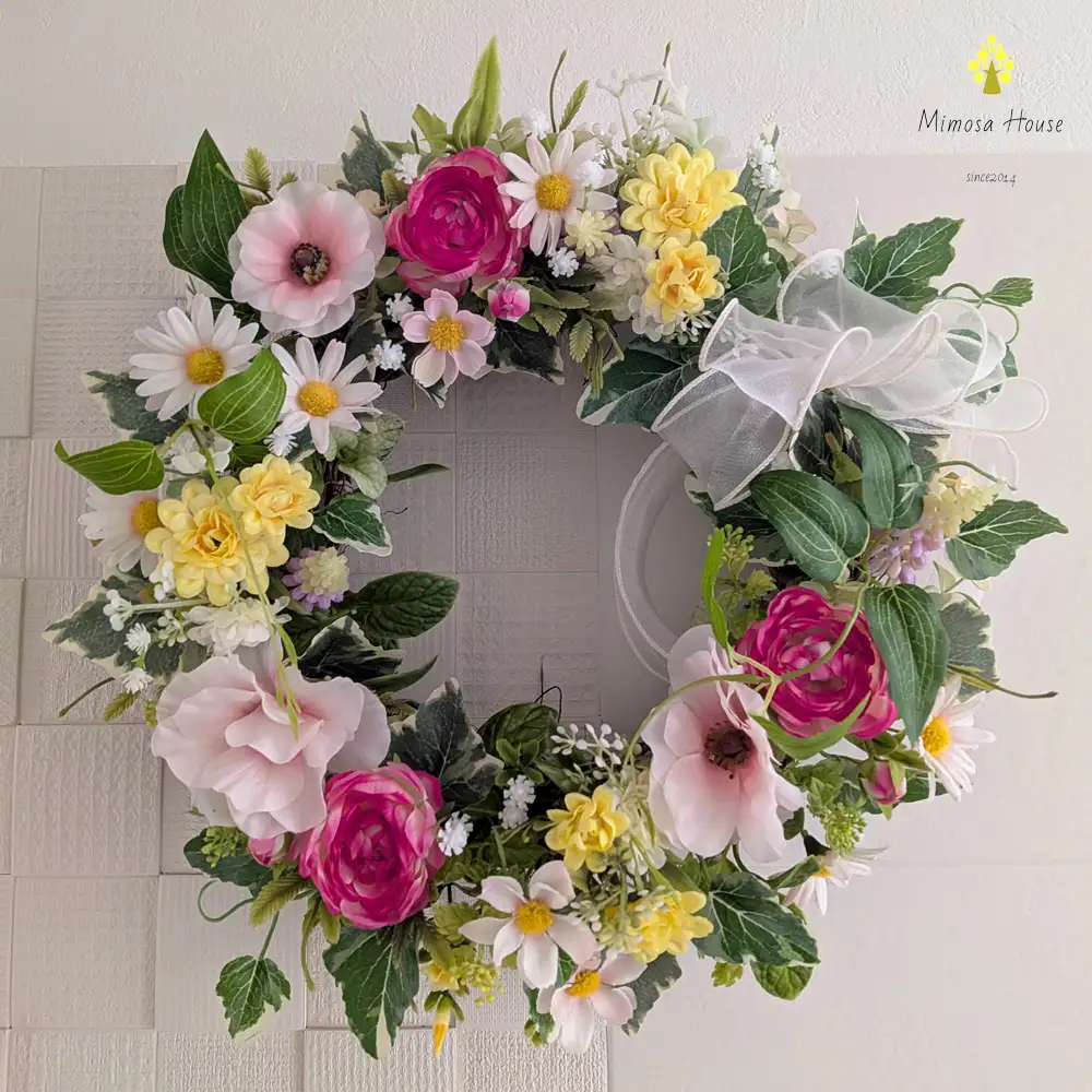 四季のリース～Spring～　フワッとしたパステルカラー ／ リース 春リース パステルカラー 玄関リース ドアリース アーティフィシャルフラワー 造花リース フラワーリース インテリア ウェルカムリース ギフト 春インテリア おしゃれ ブライダルフラワー 季節飾り 新生活 千葉県 No.405