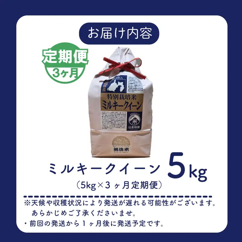 【3ヶ月定期便】 ミルキークイーン 5kg × 3回【無洗米】牧之原市 静岡県 山本耕業