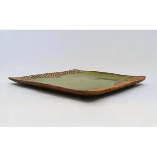 釉彩角皿 2枚セット ライン模様 和食器 お皿 陶芸品《受注制作》皿 中皿 正方形 和食器 おすすめ プレート パスタ皿 サラダ皿 食器 おしゃれ モダン 陶芸 陶器 陶芸作家