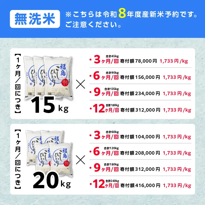 《先行予約》【3ヶ月定期便】無洗米 令和8年産 こしひかり 15kg 無洗