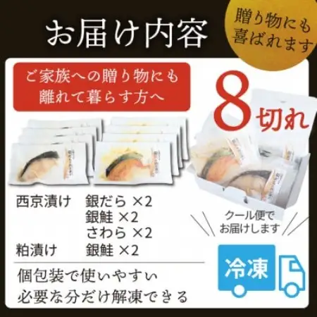 おすすめ漬け魚 8切れセット(西京漬け・粕漬け/銀ダラ・銀鮭・銀鮭・さわら)1切れ真空パック 冷凍【配送不可地域：離島】【1742125】