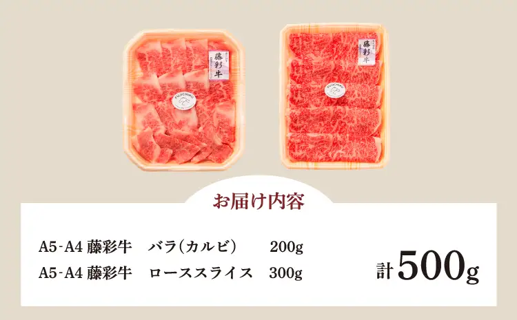 くまもと黒毛和牛「藤彩牛」2種の食べ比べ 計500g (ローススライス300g、バラ(カルビ)200g)