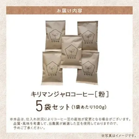 五稜農園自家焙煎 キリマンジャロ コーヒー(粉タイプ)100g×5袋セット 香り豊かな本格珈琲【1747884】