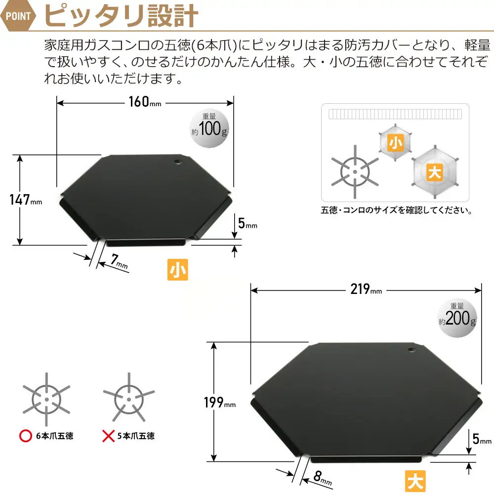 1351 ZEOOR ガスコンロ 五徳 カバー 大 小 2点セット コンロカバー ブラック GS12-01BK