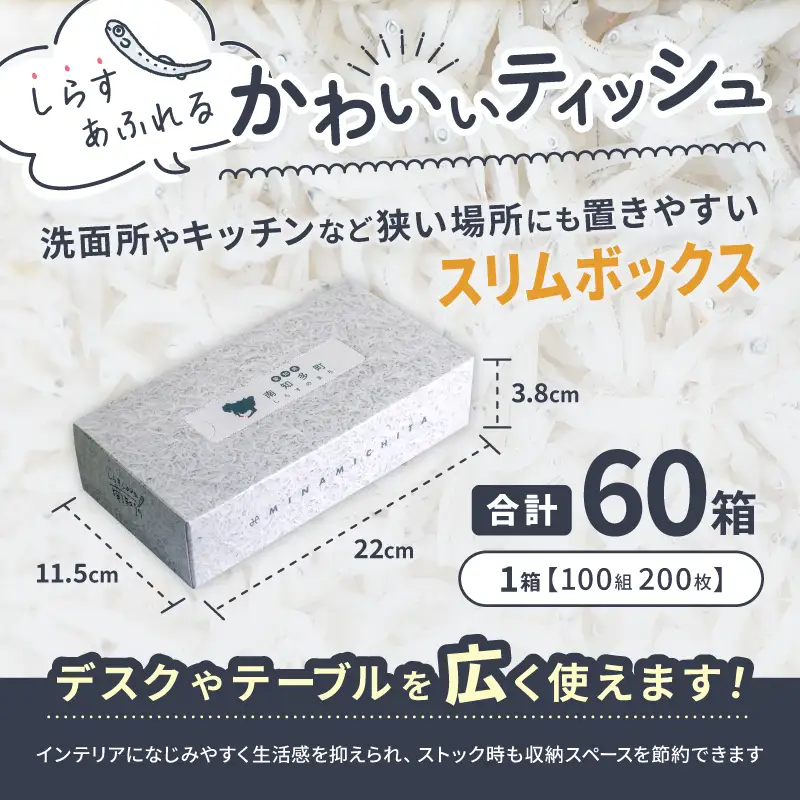 南知多町PR ティッシュ (しらすバージョン) 60個  ティッシュ ティッシュペーパー  紙 ボックスティッシュ BOX ティッシュ 日用品 消耗品 普段使い 肌触り 備蓄 生活応援 箱 必需品 家族 保管 備え しらす ボックス ティッシュ