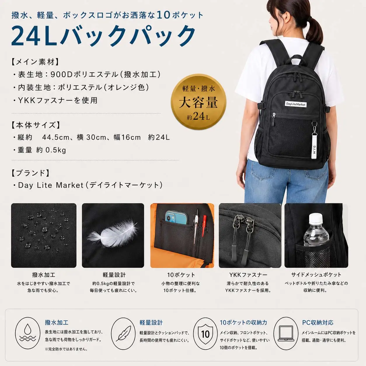 撥水、軽量、ポケット多数、ボックスロゴがお洒落な 10ポケット 24L ブラック/ホワイト WZ013-6
