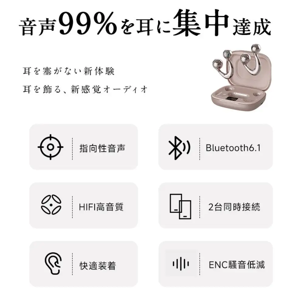 【ホワイト】イヤリング型ワイヤレスイヤホン Bluetooth6.1 空気伝導 TWS OWS ヘッドセット 耳を塞がない スタイリッシュ 安定装着 生活防水 高級感 HiFi 高音質 マイク内蔵 ENCノイズキャン 新モデル 小型軽量 Type-C充電 iOS/Android/Windows 多機種対応【PL保険加入済み製品・安心】