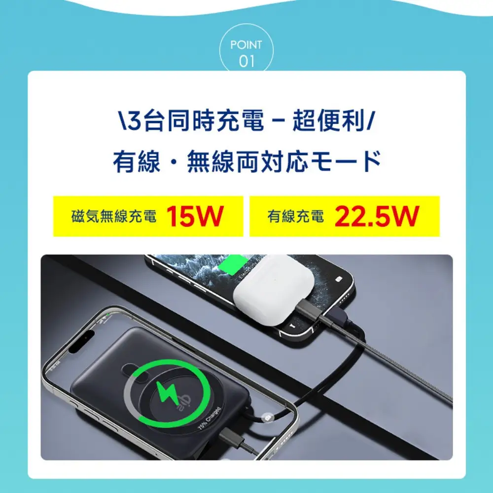 【シルバー】モバイルバッテリー 15000mAh 57.75Wh 大容量 ワイヤレス充電器 MagSafe対応 15Ｗ磁気充電 3台同時充電 Qi認証済 iPhone17/iPhoneAir充電 iphone16/15/Airpods PD22.5W急速充電 防災電源 ケーブル内蔵 互換性抜群 コンパクト 軽量 PSE認証済【PL保険加入済み製品・安心】