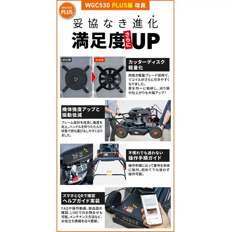 プラウ クサノザウルス エンジン式 自走式 草刈機 WGC530 PLUS+組立始動確認セット 速度調整付き 標準版 MEIKIエンジン PLUS ホンダエンジン 刈幅53cm フリー刃 サイド排出 芝刈り機 無段階変速