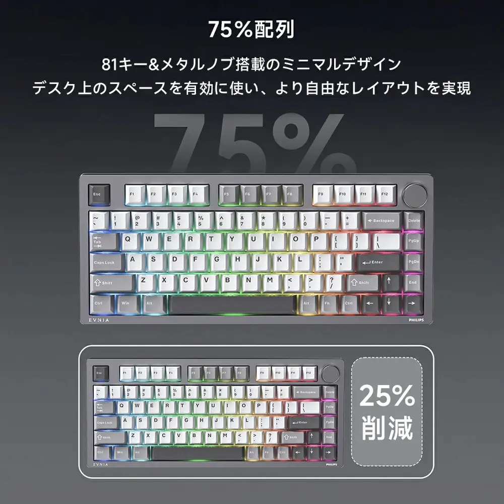 PHILIPS メカニカルキーボード ワイヤレス ゲーミングキーボード GASKET構造 75%配列 カスタム抹茶ラテ軸 3モード接続(2.4G/Bluetooth/USB-C) 1600万色RGB 1000時間連続使用 ソフト対応 アルミニウムボディ 国内正規品 1年間保証 SPK8618