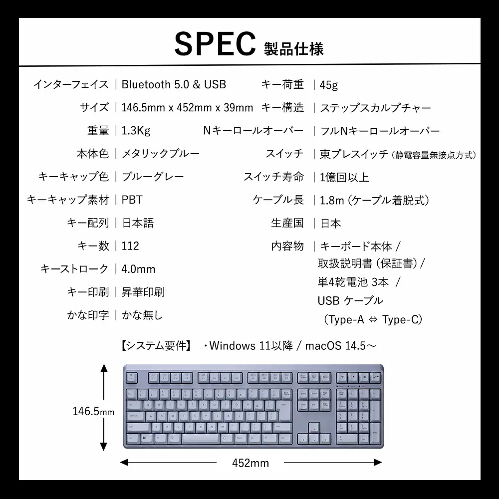 東プレ REALFORCE R4 キーボード 日本語配列 フルサイズ 45g メタリックブルー （型式：R4HA81）