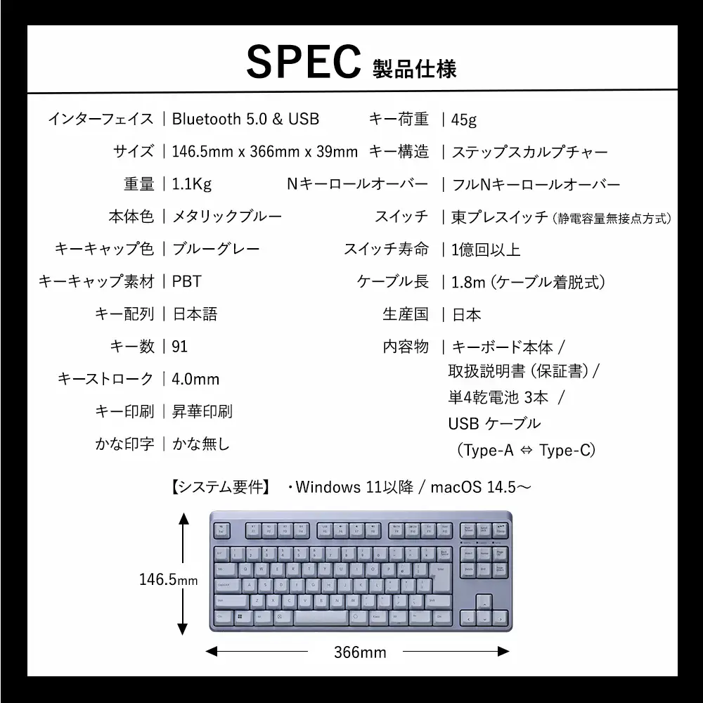 東プレ REALFORCE R4 キーボード 日本語配列 テンキーレス 45g メタリックブルー （型式：R4HC81）
