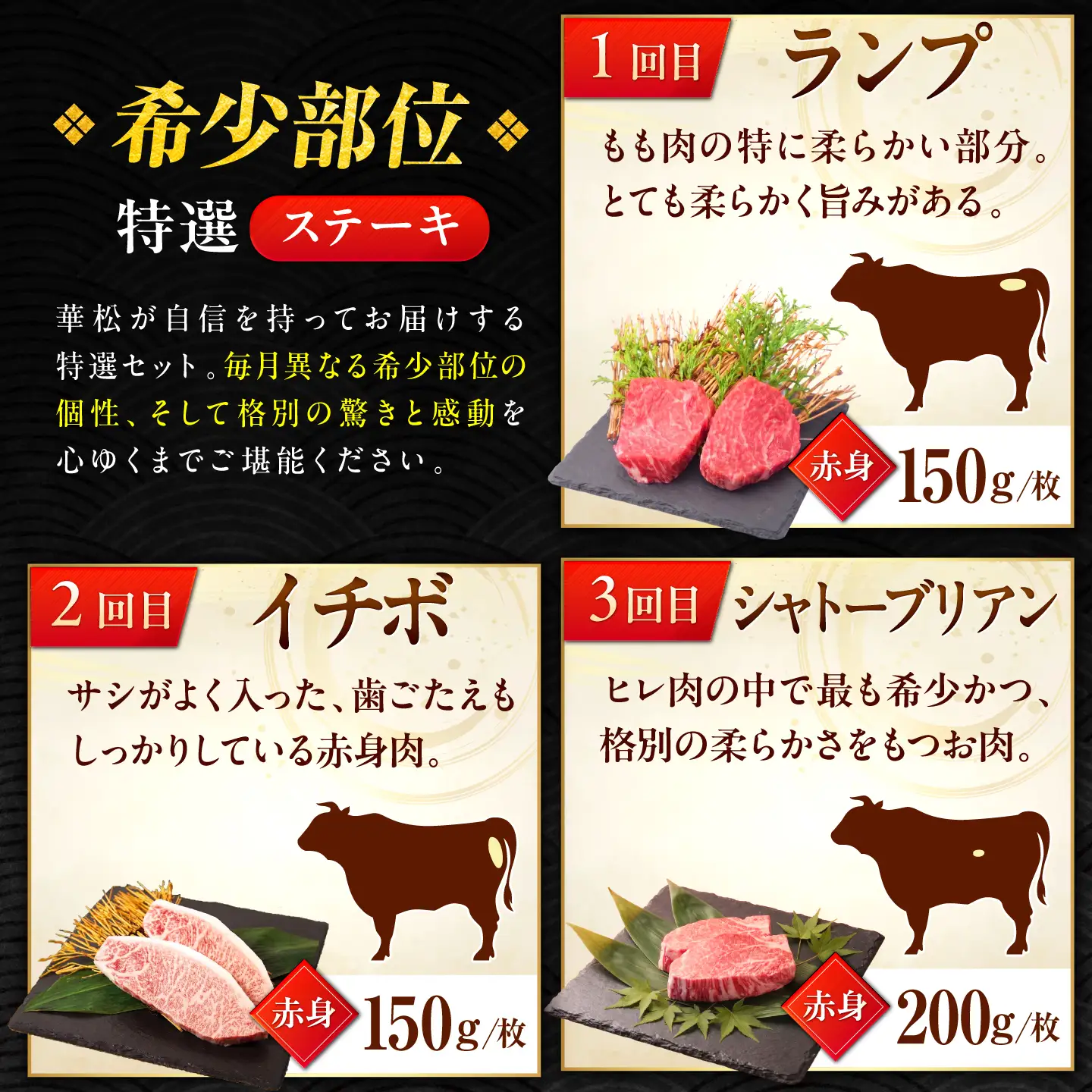 【全3回定期便】プロ厳選！赤身希少部位だけをお届け 贅沢に味わう 月替わりステーキ定期便　吉野ヶ里町/ミートフーズ華松[FAY128]