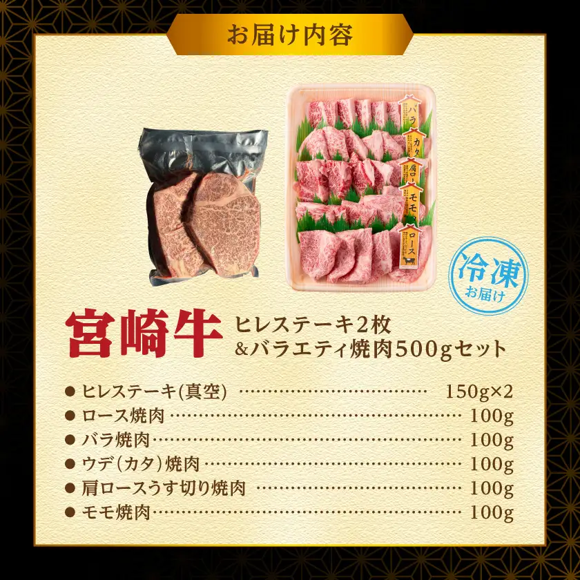 宮崎牛ヒレステーキ2枚&バラエティ焼肉500gセット〔AE-89-012〕_(都城市)