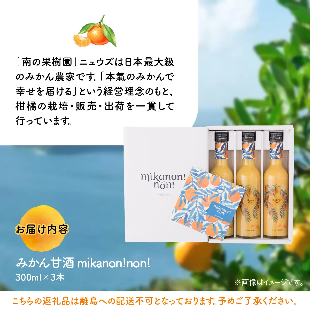 愛媛県産のお米と温州みかんのコラボレーションみかん甘酒 mikanon!non! (300ml×3本） ｜ 砂糖不使用 ノンアルコール甘酒 フルーツ甘酒 麹 腸活 乳酸菌 柑橘 果物 フルーツ 愛媛県産 伊方町 ※離島への配送不可  IKTF026