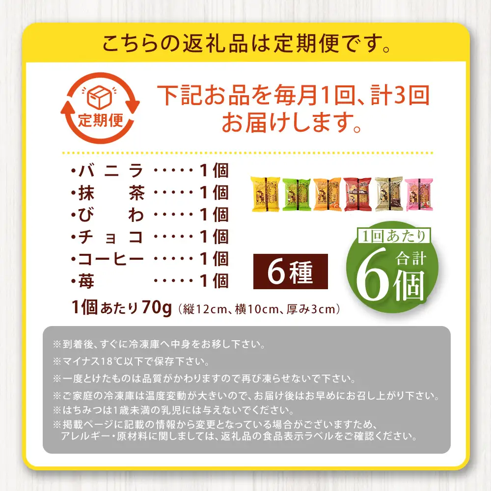 【 全3回定期便 】 長崎カステラアイス 6種 計6個 （ バニラ ・ 抹茶 ・ びわ ・ チョコ ・ コーヒー ・ 苺 ） 長崎カステラ カステラ かすてら アイス カステラアイス お菓子 菓子 おかし 洋菓子 スイーツ 冷凍 詰め合わせ 食べ比べ セット