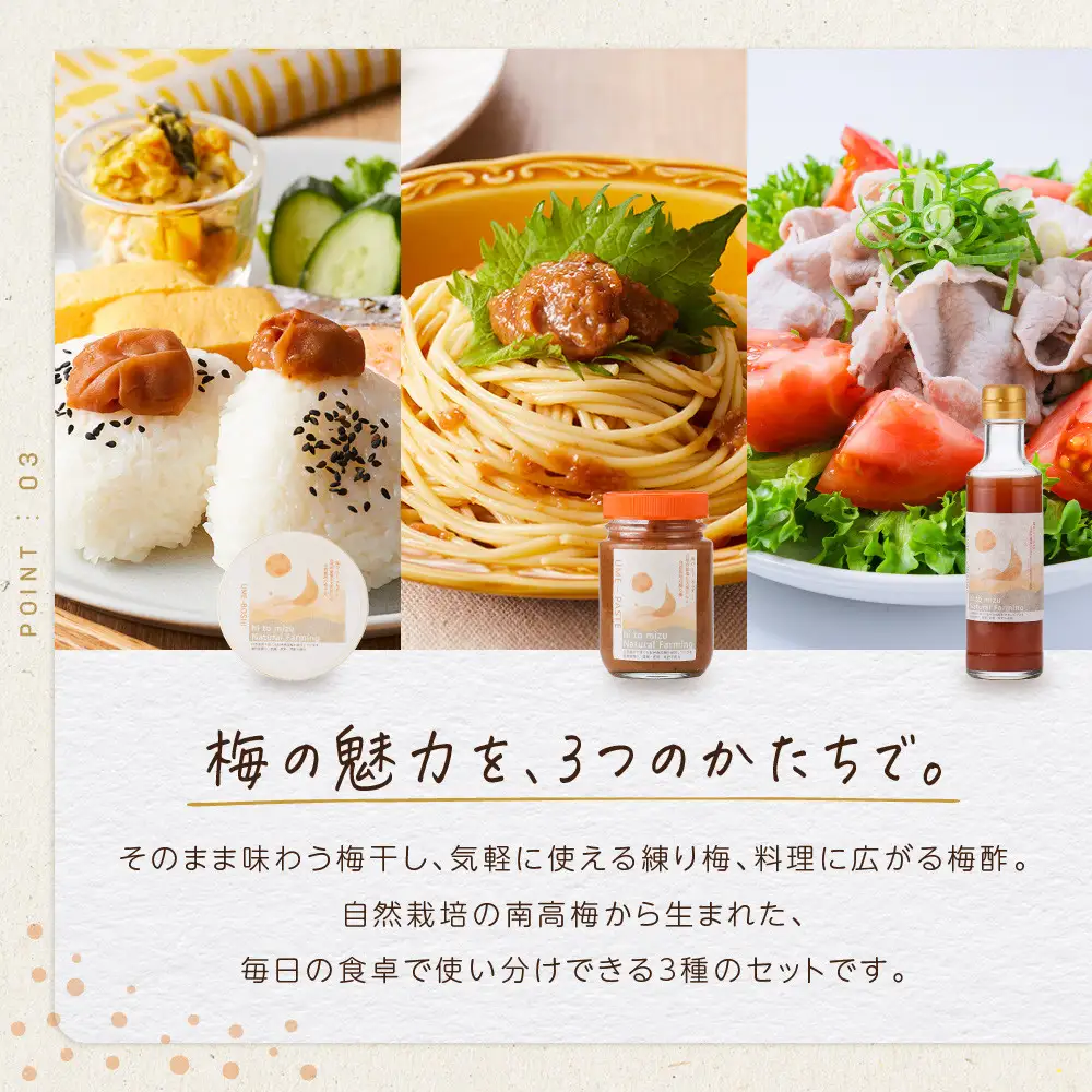 ひとみずの梅 3種セット 梅干し 練り梅 梅酢 自然栽培で育てた紀州南高梅使用 ※栽培期間中、農薬・肥料・堆肥不使用