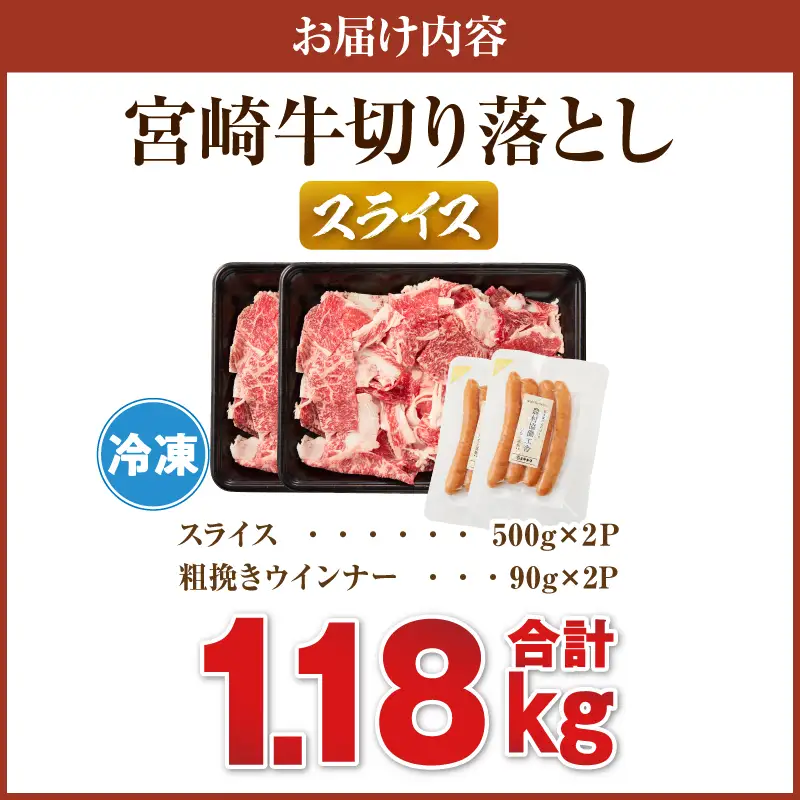 《訳あり》宮崎牛切り落とし(スライス)&粗挽きウインナー(合計1.18kg) 肉 牛 牛肉 国産_T030-224