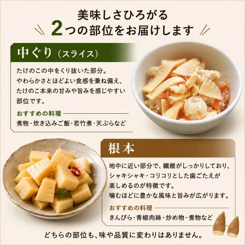 【4回定期便】 美祢っ子 無添加 たけのこの水煮 訳あり 中ぐり・根本 食べ比べセット