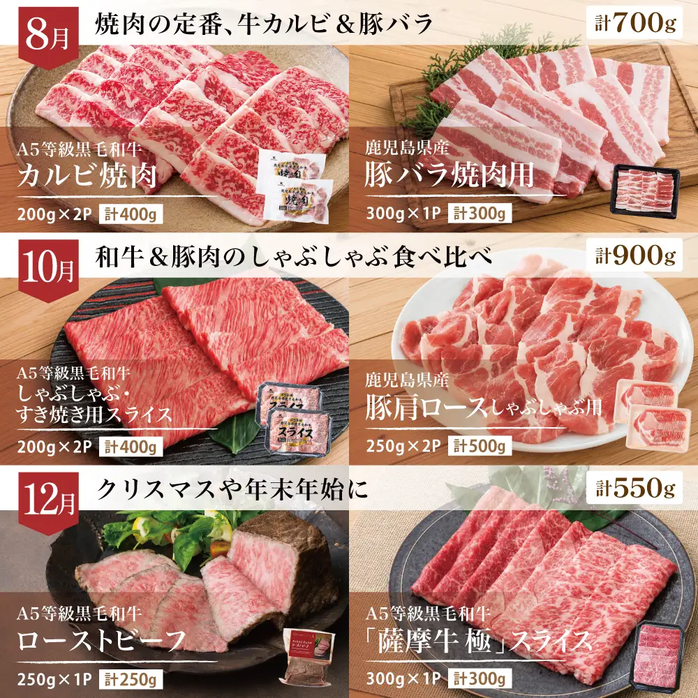 【定期便 全6回】情熱牧場 鹿児島県産お肉の定期便 シーズンセレクト すき焼き しゃぶしゃぶ 焼肉 ステーキ ローストビーフ A5等級 黒毛和牛 牛肉 豚肉 焼肉 ロース ヒレ バラ カルビ 赤身 スライス 切り落とし 小分け 厳選 定期便 冷凍 カミチク 鹿児島 南さつま市