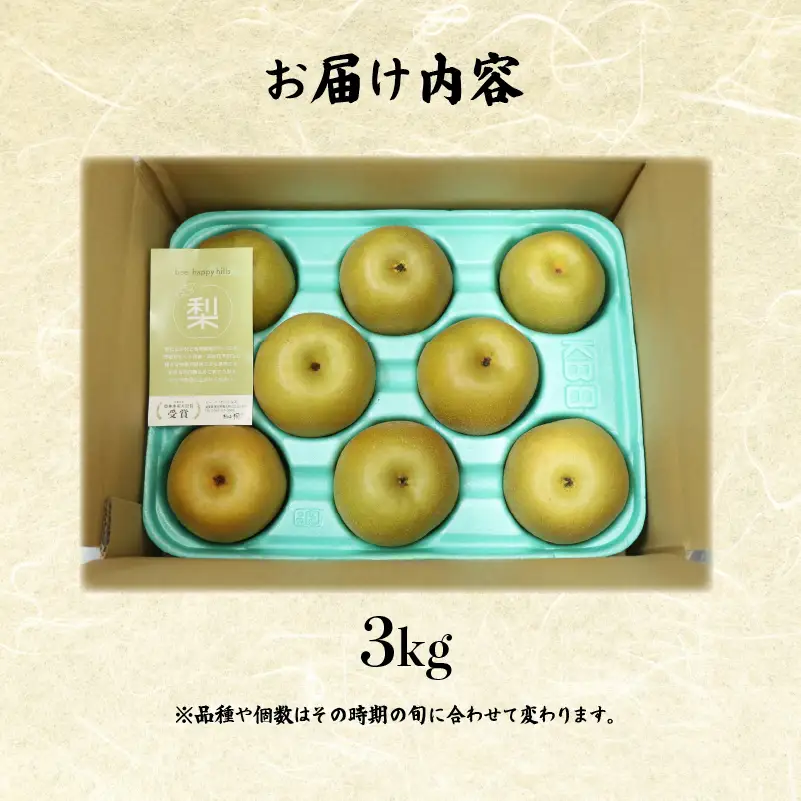 【期間限定】 梨  3kg 品種 おまかせ 8月下旬～9月下旬発送 岡喜農園 令和8年産 数量限定 なし ナシ 幸水 豊水 2026年産 フルーツ 果実 くだもの