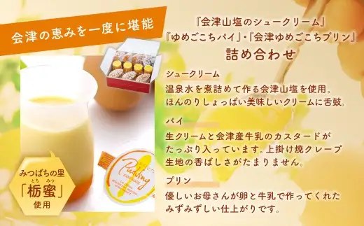 会津ゆめごこちセット雅 （ 会津山塩のシュークリーム 約70g × 4個  ／ ゆめごこちプリン 約100g × 4個 ／ ゆめごこちパイ 約40g × 6個 ） お菓子 菓子 おかし スイーツ プリン ぷりん シュークリーム パイ 洋菓子 焼菓子 生クリーム カスタード カラメルジュレ セット 詰め合わせ 食べ比べ
