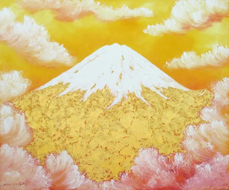 2200-114-01 純金箔の富士山画 「黄金の富士山 F12号」 洋画家 永月水人 作 油絵
