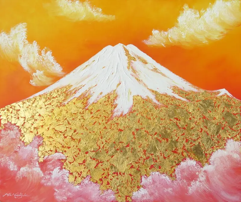 3670-114-01 純金箔の富士山画 「黄金の富士山 F20号」 洋画家 永月水人 作 油絵