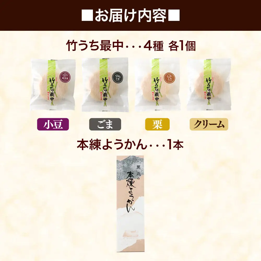 最中と羊羹 竹うちもなか4種（小豆／ごま／栗／クリーム各1個）・本練ようかん1本 セット